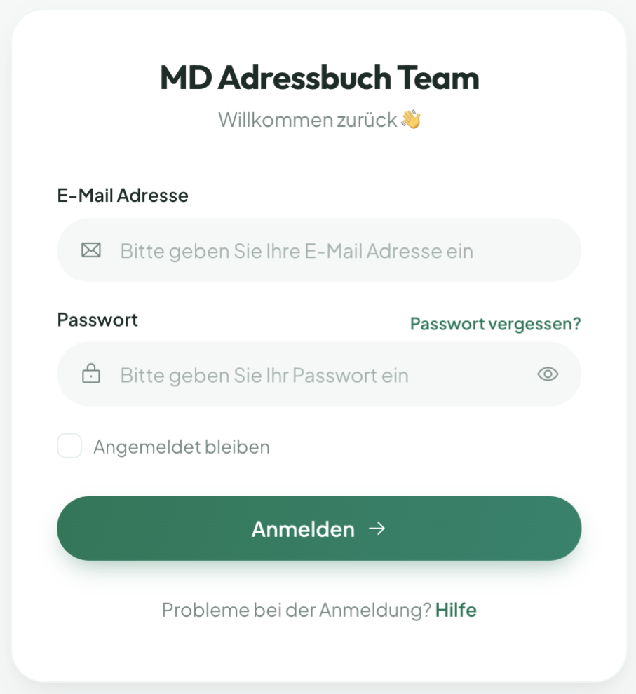 MD Adressbuch Team Anmeldung grün